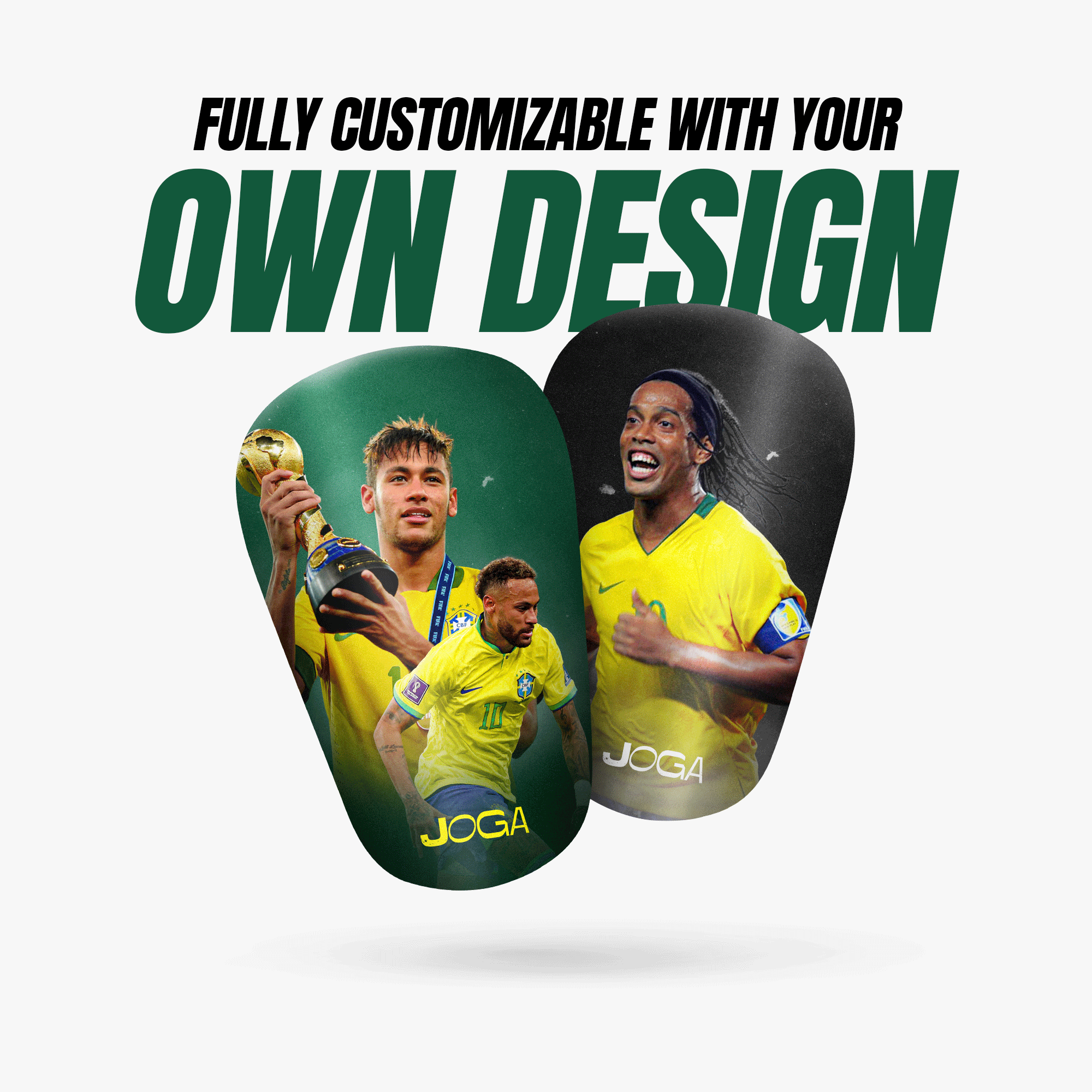 JOGA Custom Shin Pads animated preview, personalised 12x6cm kids football pads