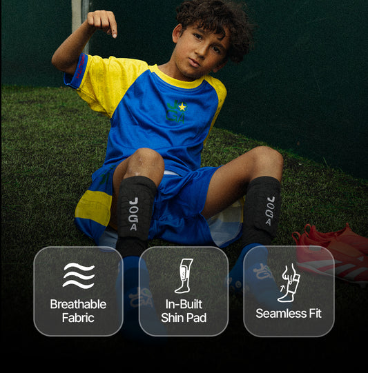 Young footballer wearing JOGA Starz shin pad sleeve social proof